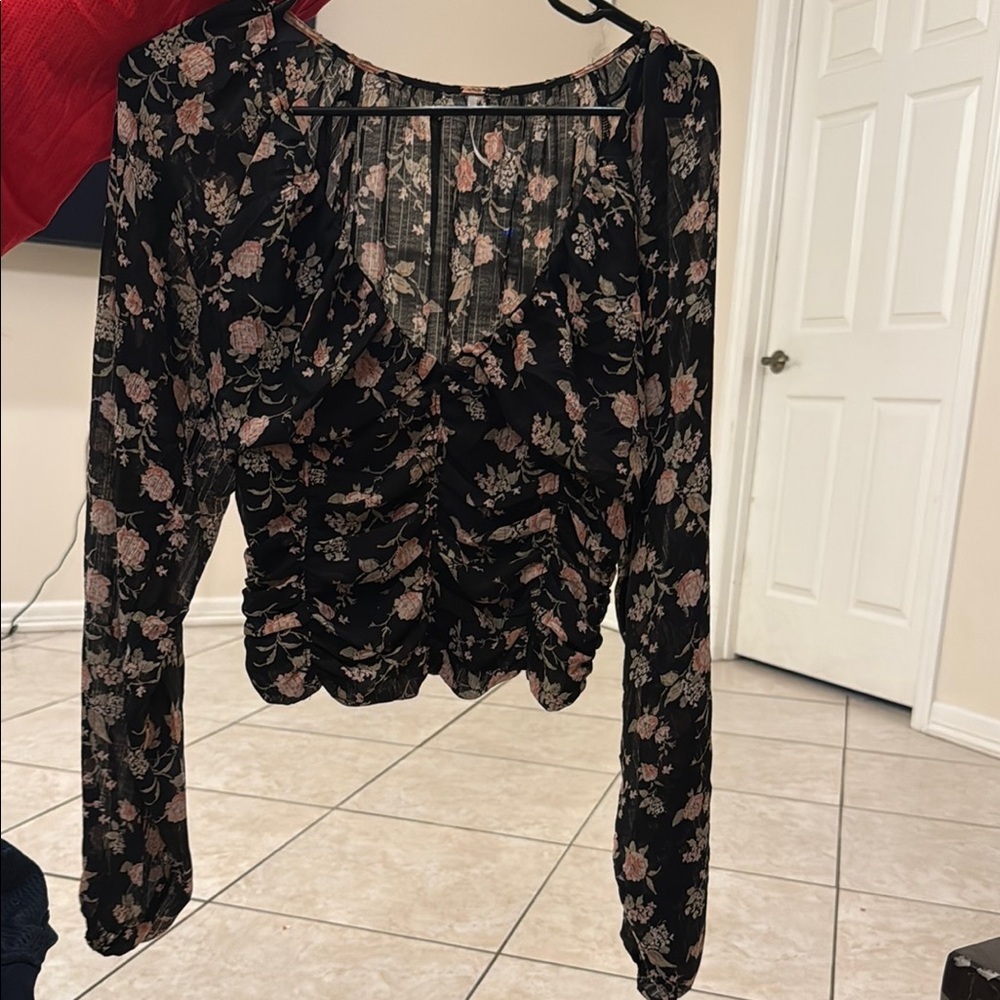 Free People Black Ruched Crop Blouse